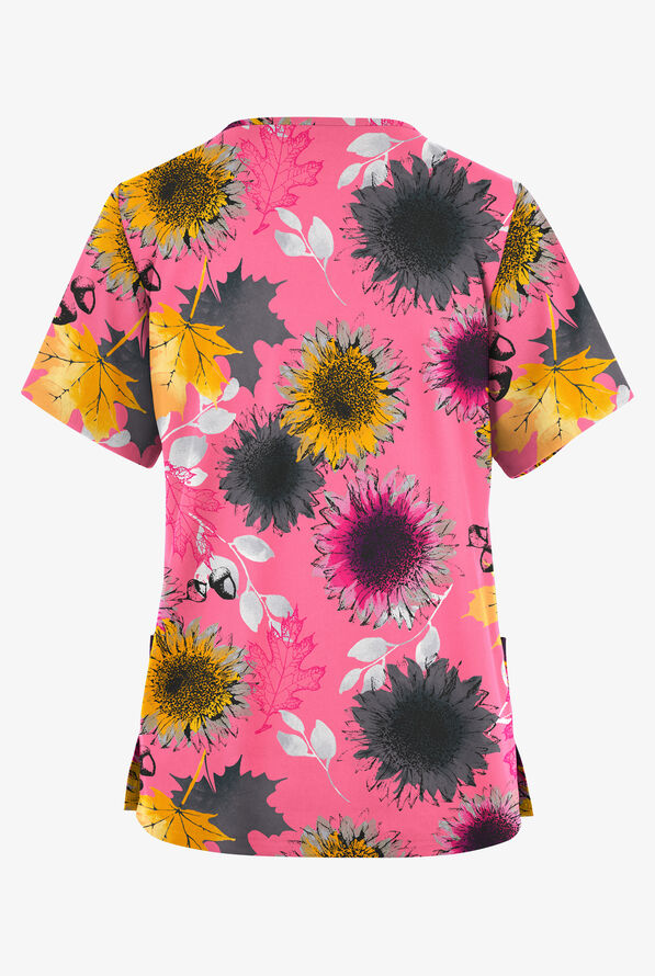 Butter-Soft Originals Autumn Sunflowers Rose Dusk Women's 2-Pocket V-Neck Print Scrub Top - null - 2