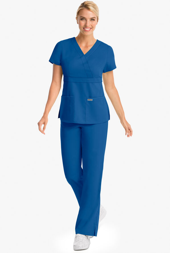 Blusa médica Grey's Anatomy estilo cruzado de corte moderno y 3 bolsillos para mujer - Royal - 2