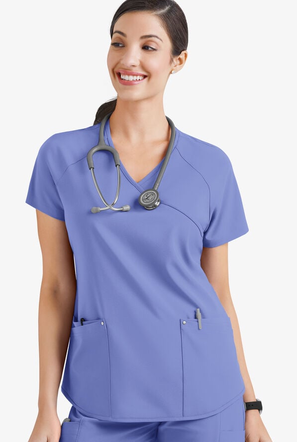 Blusa m&eacute;dica Easy STRETCH Cara con mangas ragl&aacute;n y 4 bolsillos para mujer - Ceil Blue - 3