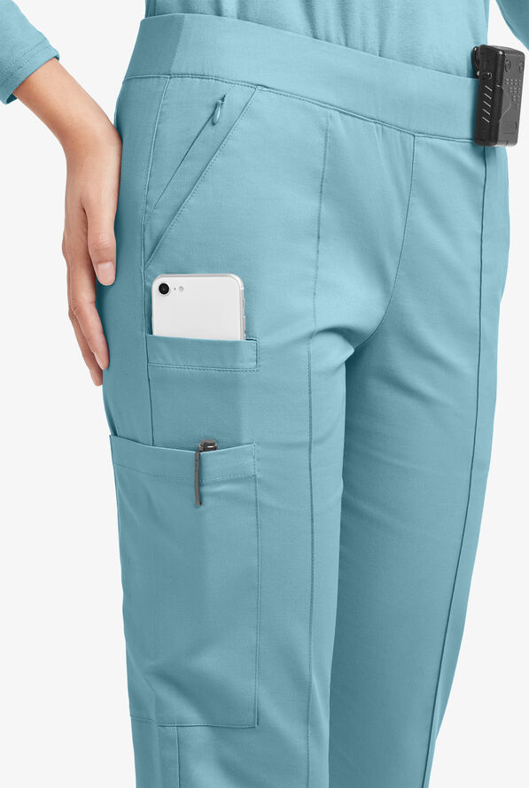 Butter-Soft STRETCH Women's 6-Pocket Pin-Tuck Crop Slim with Sport Trim Detail Scrub Pants - Dew Drop/Silver Melange - 2