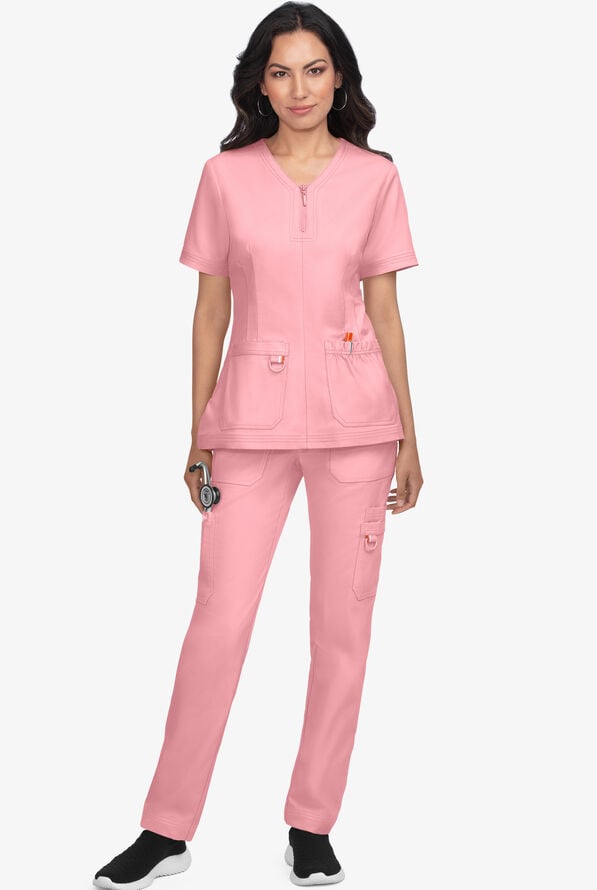 koi Stretch Regan Women's 2-Pocket V-Neck Zip Scrub Top - Sweet Pink - 2