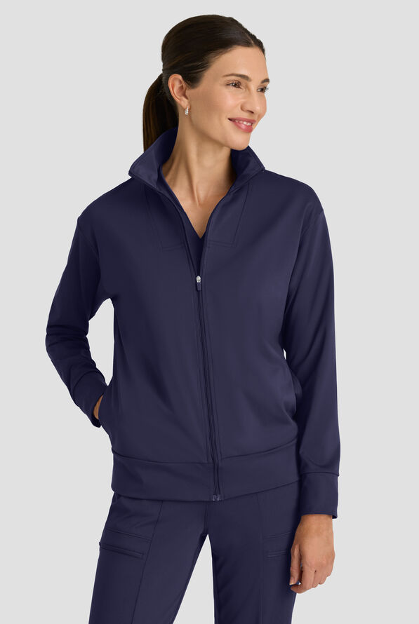 Grey's Anatomy by Barco Knit STRETCH Ease Warm Up Women's 4-Pocket Zip Front Scrub Jacket - Indigo - 2