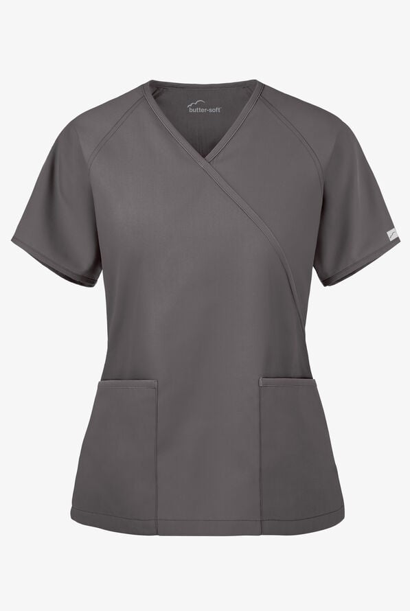 Butter-Soft Core Women's 2-Pocket Solid Mock Wrap Scrub Top - Grey Stone - 1