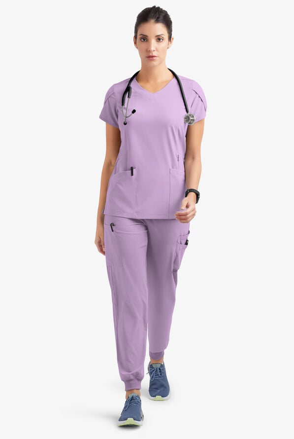 Easy STRETCH Daisy Women's 4-Pocket V-Neck Scrub Top with Petal Sleeves - Amethyst Mist - 2