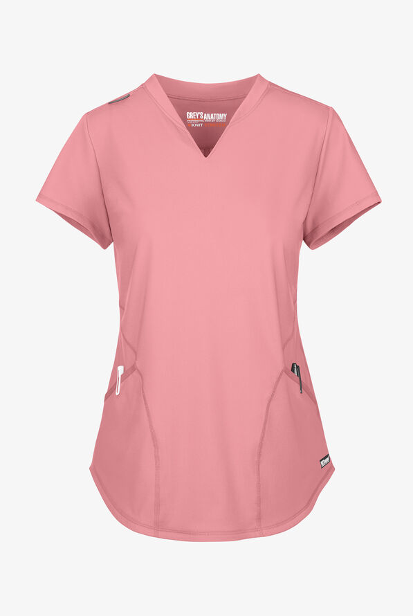 Grey's Anatomy by Barco Knit STRETCH Define Women's 2-Pocket Banded Notched V-Neck Scrub Top - Canyon Pink - 1