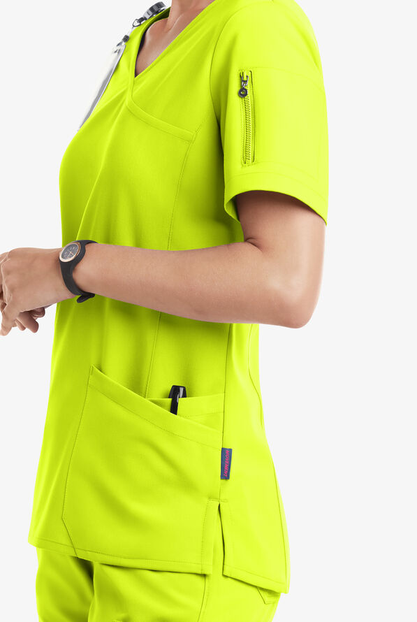 Blusa médica MOVEMENT by Butter-Soft Capella estilo cruzado con 5 bolsillos para mujer - Intense Lime - 5