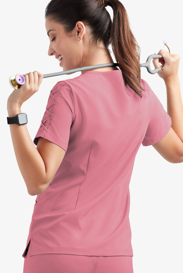 Easy STRETCH Kylie Woman's 5 Pocket V-Neck With Criss-Cross Detail Scrub Top - Cashmere Rose - 4