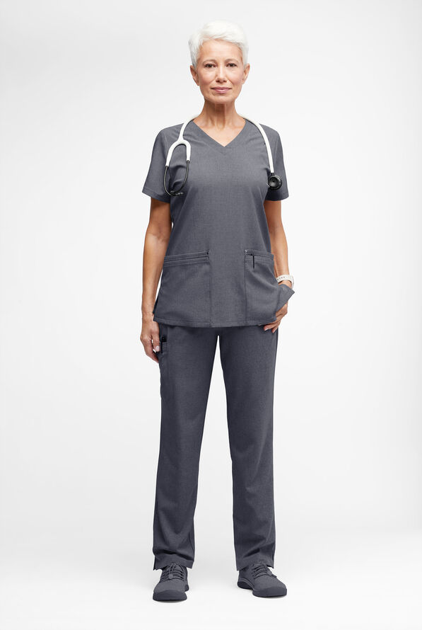 Easy STRETCH Lina Mitered Women's 4-Pocket V-Neck Scrub Top - Charcoal Heather - 4