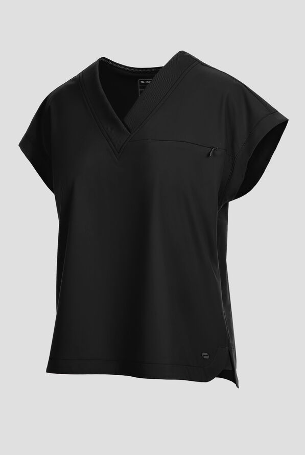 Infinity Pursuit Women's 1-Pocket STRETCH Rib-Knit V-Neck Dolman Sleeve Scrub Top - Black - 2