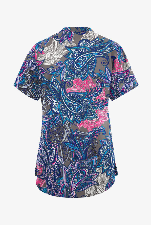 Butter-Soft Originals Layered Paisley Grey Stone Women's 6-Pocket Mandarin Collar Print Scrub Top - null - 2