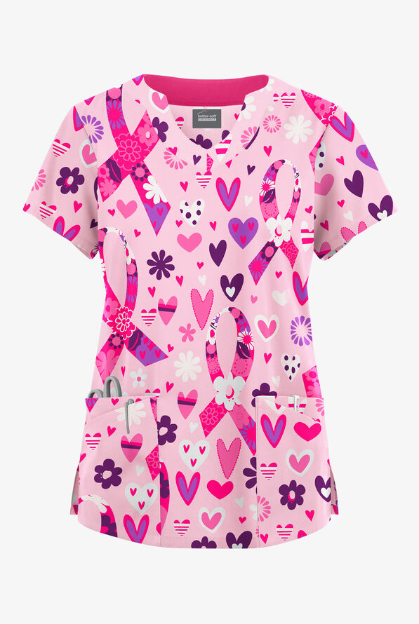 Blusa médica estampada Butter-Soft Originals Hope Heals Blush con cuello festoneado y 6 bolsillos para mujer - null - 1