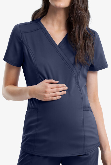 Cherokee Workwear Revolution Women's 2-Pocket STRETCH Maternity Mock Wrap Scrub Top