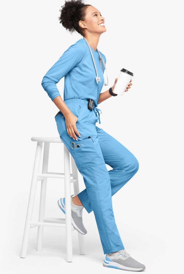 Butter-Soft Originals Women's 7-Pocket Mid Rise Straight Leg Cargo Scrub Pants - Petite - Blue Oasis - 4