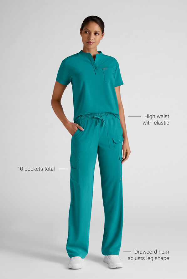 Easy STRETCH Ayo Women's 10-Pocket Cargo Scrub Pants - Petite - Teal - 3