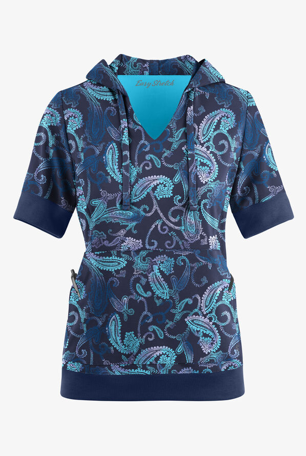 Easy STRETCH Paisley Tie Dye Women's 3-Pocket Short Sleeve Pull-Over Hoodie Print Scrub Top - null - 1