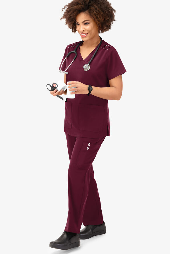 Blusa m&eacute;dica Easy STRETCH Leila con ojales con lazos y 3 bolsillos para mujer - Wine - 6