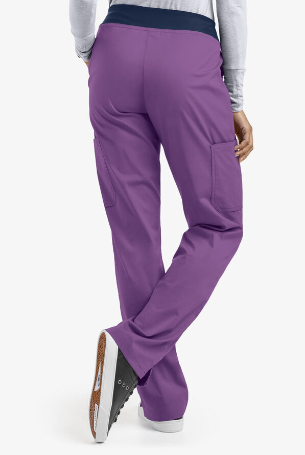 Butter-Soft STRETCH Women's 4-Pocket with Knit Waistband Yoga Scrub Pants - Petite - Purple Heart/Navy - 2