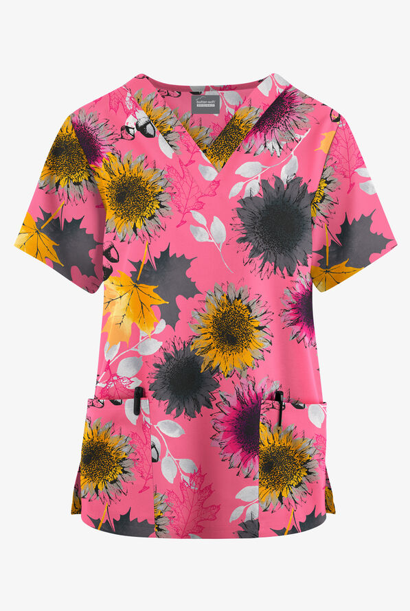 Butter-Soft Originals Autumn Sunflowers Rose Dusk Women's 2-Pocket V-Neck Print Scrub Top - null - 1