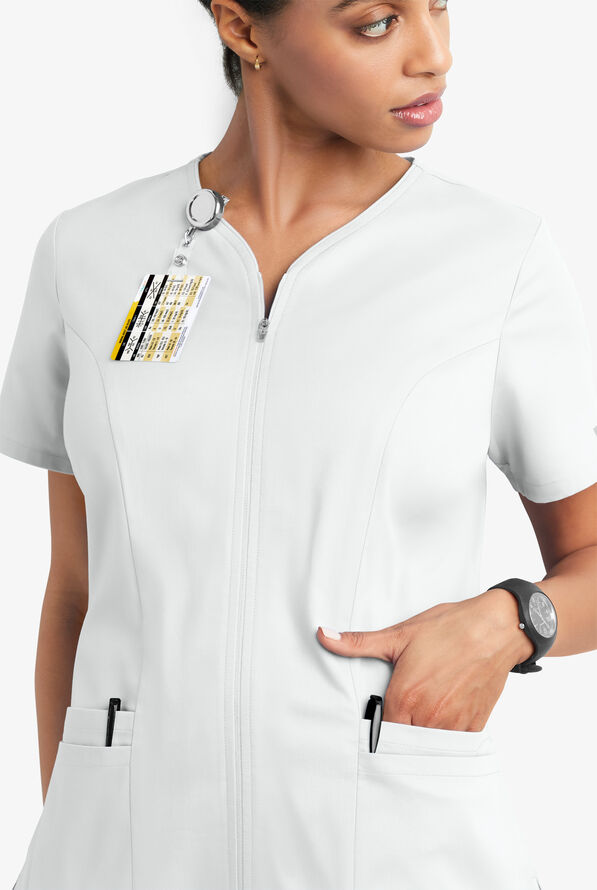Butter-Soft STRETCH Women's 4-Pocket Smooth Face Zipper Scrub Top - White - 3