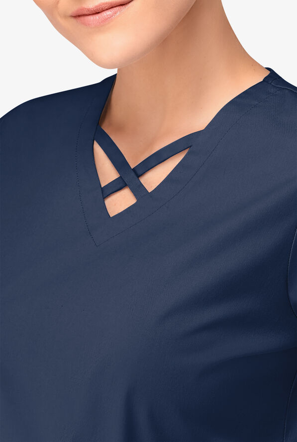 Blusa m&eacute;dica UA Butter-Soft STRETCH con lazos entrecruzados y 4 bolsillos para mujer - Navy - 3