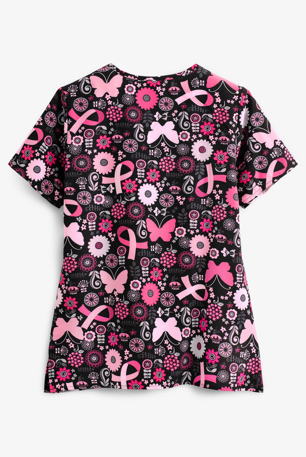 Zoe & Chloe Butterflies and Bows Women's 2-Pocket Diamond Neck Print Scrub Top - null - 2
