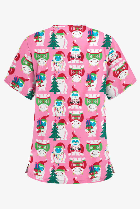 Blusa médica estampada Butter-Soft Happy Monsters Pink con cuello en V y 3 bolsillos para mujer - null - 2