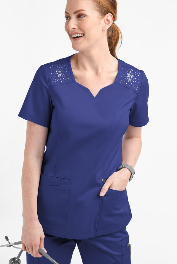 Butter-Soft STRETCH Women's 6-Pocket Crystal Bling Scrub Top - Galaxy - 2