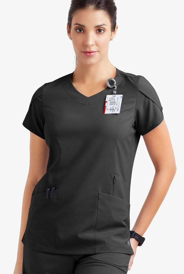 Blusa m&eacute;dica Easy STRETCH Daisy con cuello en V y 4 bolsillos para mujer - Onyx Black - 3