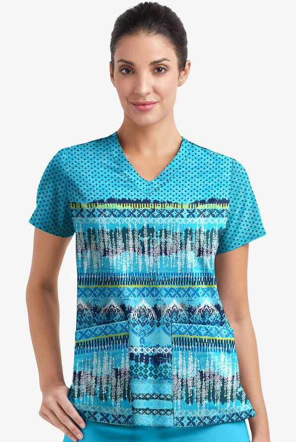 Easy STRETCH Woodblock Paisley Turquoise Women's 2-Pocket V-Neck Print Scrub Top - null - 2