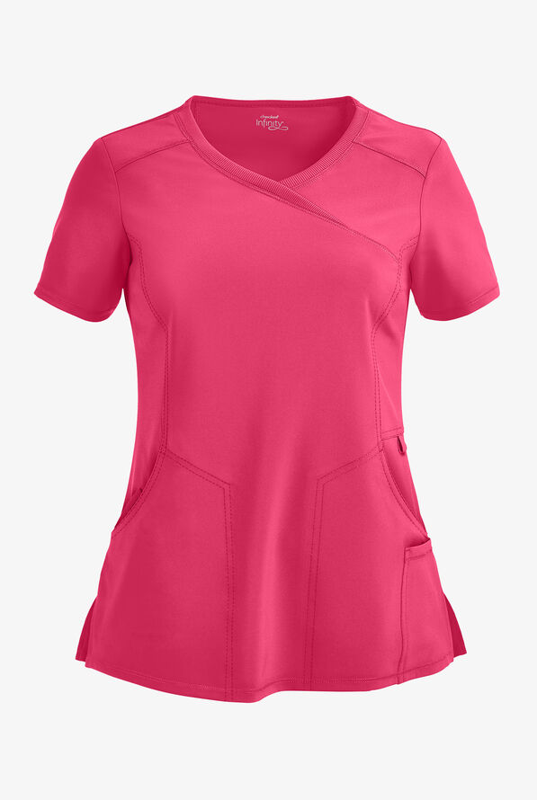 Infinity Women's 4-Pocket STRETCH Mock Wrap Scrub Top - Carmine Pink - 1