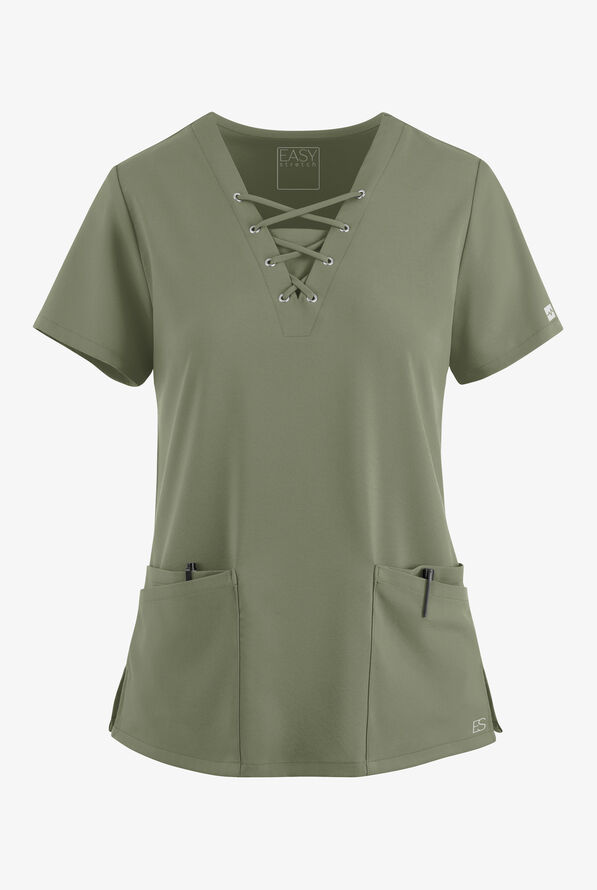 Easy STRETCH Gisele Women's 4-Pocket Lace Up V-Neck Scrub Top - Olive Leaf - 1