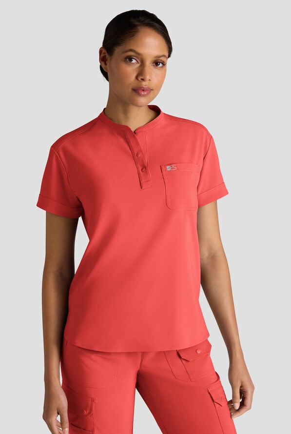 Easy STRETCH Bella Women's 1-Pocket Henley Scrub Top - Spiced Coral - 1