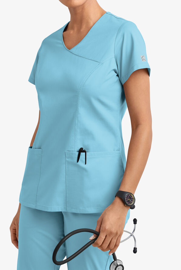 Butter-Soft STRETCH Women's 3-Pocket V-Neck Mock Wrap Scrub Top - Poolside View - 2