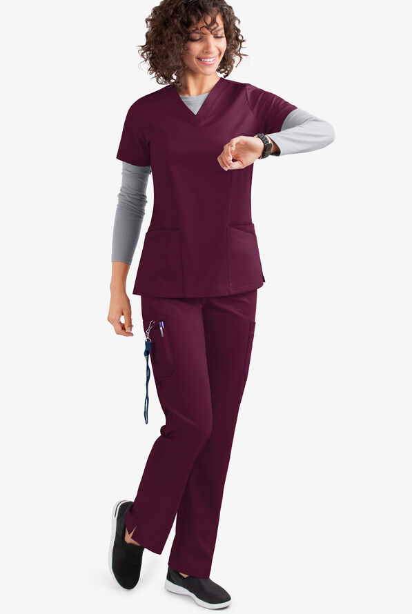 Pantalón médico UA Flex2 STRETCH estilo cargo con 7 bolsillos y frente plano para mujer - Wine - 2