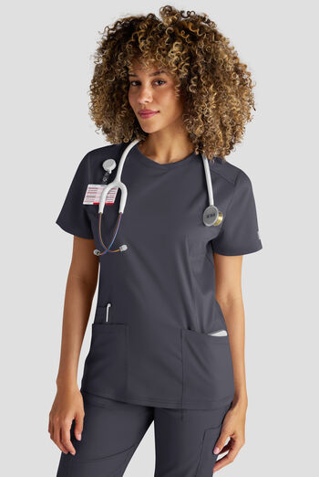 Blusa m&eacute;dica Butter-Soft STRETCH FLXTEK+ con cuello redondo y 3 bolsillos para mujer