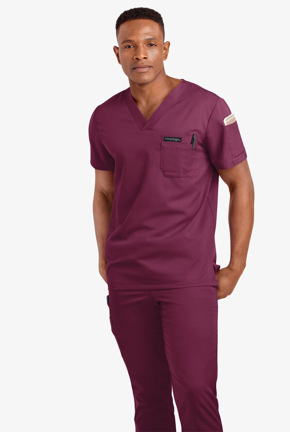 Advantage STRETCH Men's 4-Pocket V-Neck Scrub Top - Wine - 2