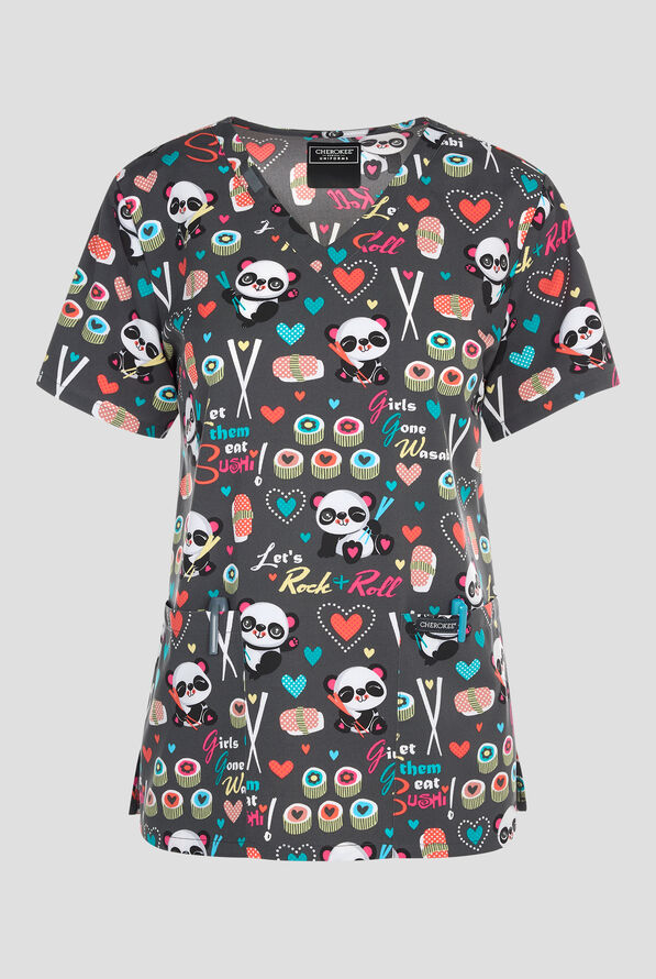 Cherokee Girls Gone Wasabi Pandas Women's 2-Pocket STRETCH V-Neck Print Scrub Top - null - 1