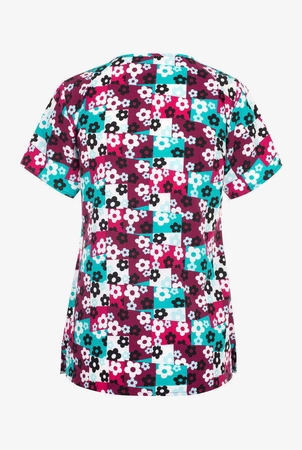 Zoe & Chloe Skater Check Wine Floral Women's 2-Pocket STRETCH V- Neck Print ScrubTop - null - 2