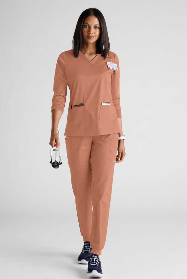 Butter-Soft STRETCH Women's 5-Pocket 3/4" Sleeve V-Neck Scrub Top - Terracotta - 3