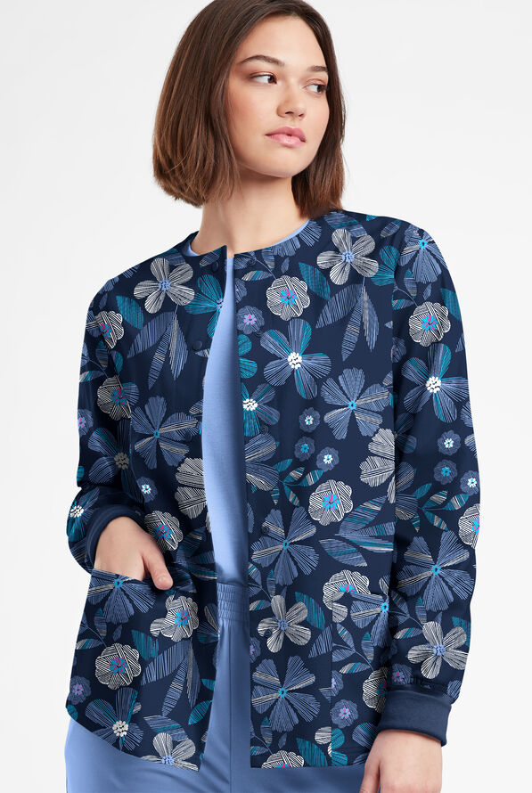 Butter-Soft Originals Linear Floral Ceil Women's 3-Pocket Warm-Up Print Scrub Jacket - null - 2