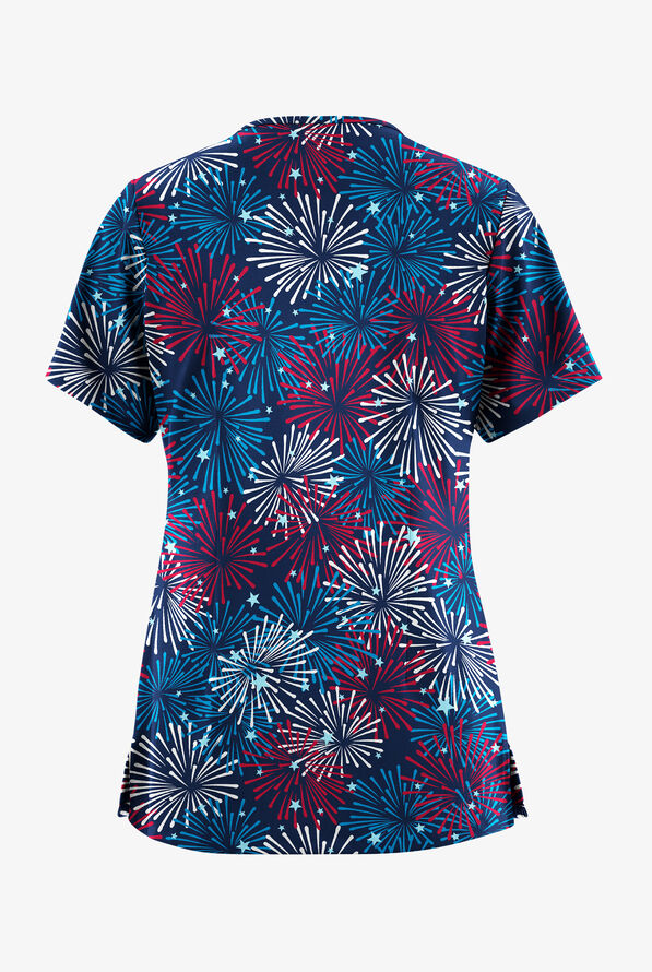 Butter-Soft STRETCH Celebration Day Navy Women's 5-Pocket V-Neck Print Scrub Top - null - 2