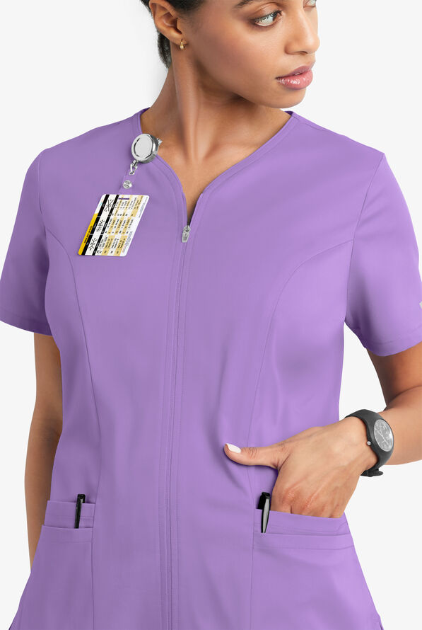 Butter-Soft STRETCH Women's 4-Pocket Smooth Face Zipper Scrub Top - Ultraviolet Light - 3