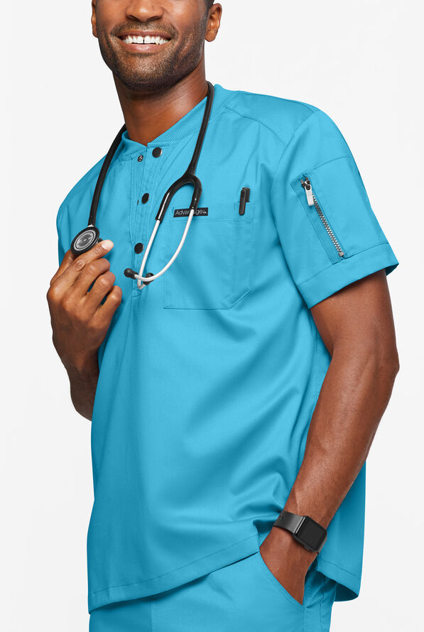 Advantage STRETCH Men's 2-Pocket Short Sleeve Henley Scrub Top - Turquoise - 2