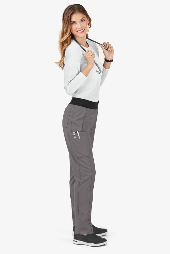 Butter-Soft Core Women's 5-Pocket Yoga Inspired Scrub Pants - Petite - Grey Stone/Black - 2