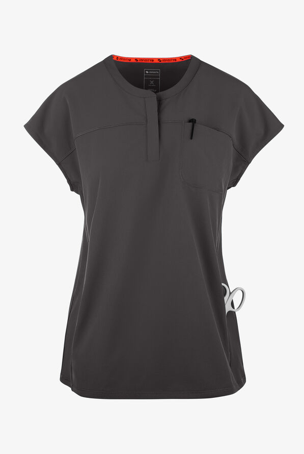 Infinity GNR8 Women's 3-Pocket STRETCH Rib-Knit Dolman Sleeve Zip Placket Round Neck Scrub Top - Pewter - 1