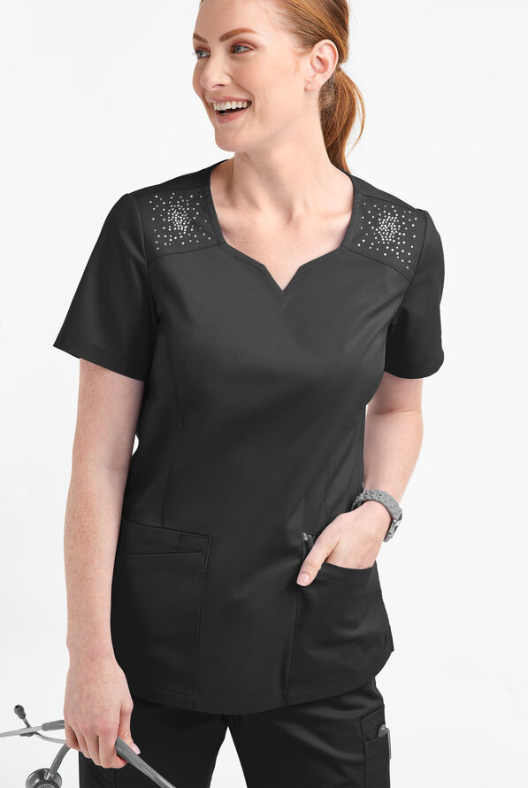 Butter-Soft STRETCH Women's 6-Pocket Crystal Bling Scrub Top - Black - 2