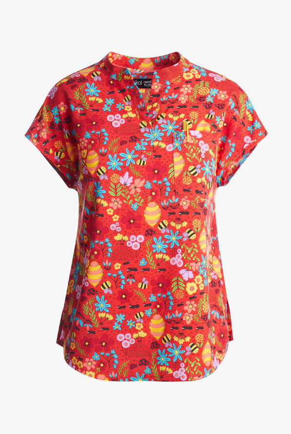 Blusa médica estampada koi Basics Playful Bees and Ants STRETCH con cuello en V y 1 bolsillo para mujer - null - 1