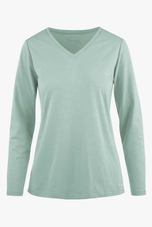 Butter-Soft STRETCH Women&rsquo;s Cotton-Rich V-Neck Knit Underscrub - Eucalyptus Leaf - 1