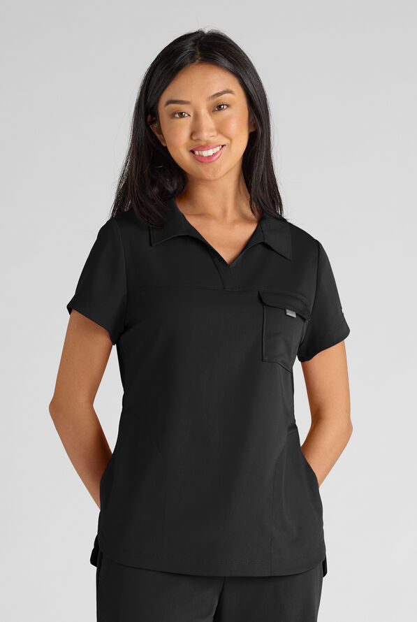 Grey's Anatomy by Barco Emerge Emery Women's 3-Pocket STRETCH Collar V-Neck Scrub Top - Black - 1