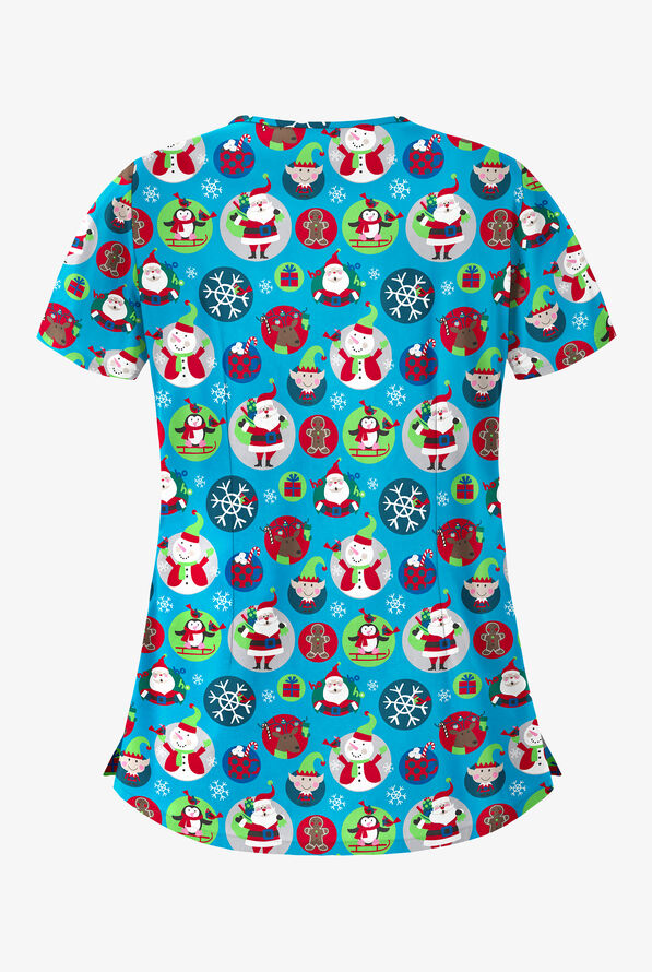 Butter-Soft Christmas Stickers Turquoise Women's 5-Pocket Rounded V-Neck Print Scrub Top - null - 2
